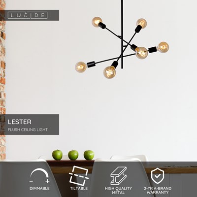 Lucide LESTER - Flush ceiling light - 6xE27 - Black